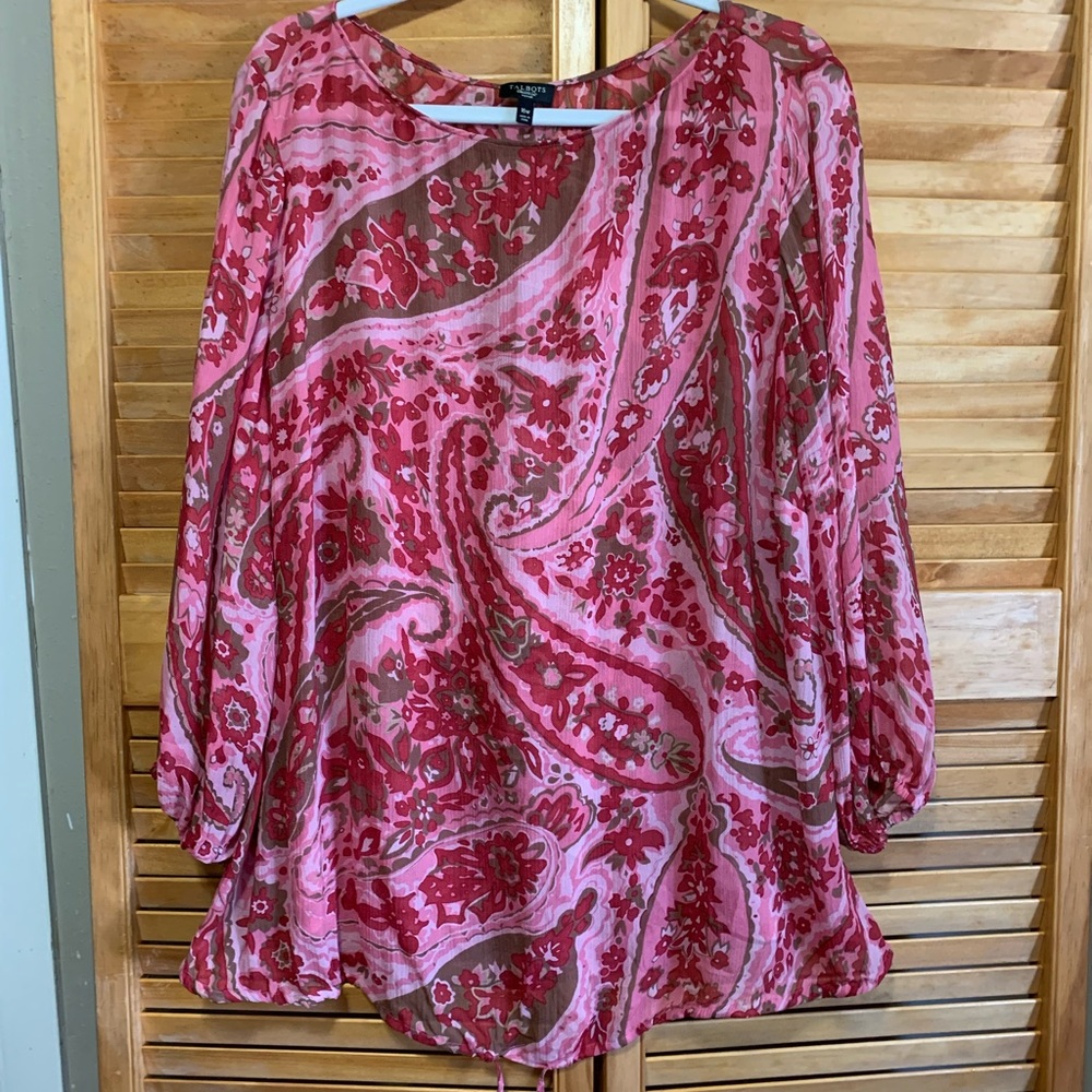 Talbots 16W pink paisley boatneck, long sleeve sheer, drawstring bottom, pinks